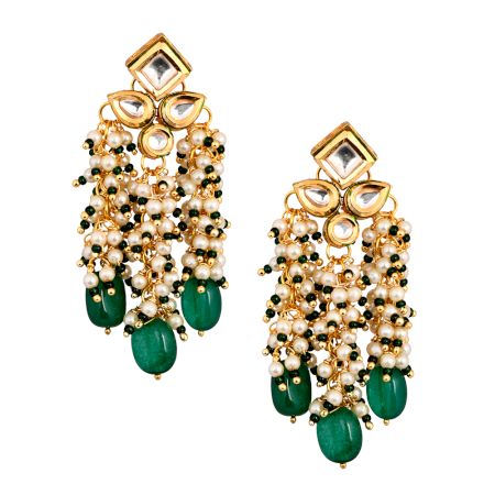 Mirror Cluster Tassel Earrings with Pearl & Green Beads Pair